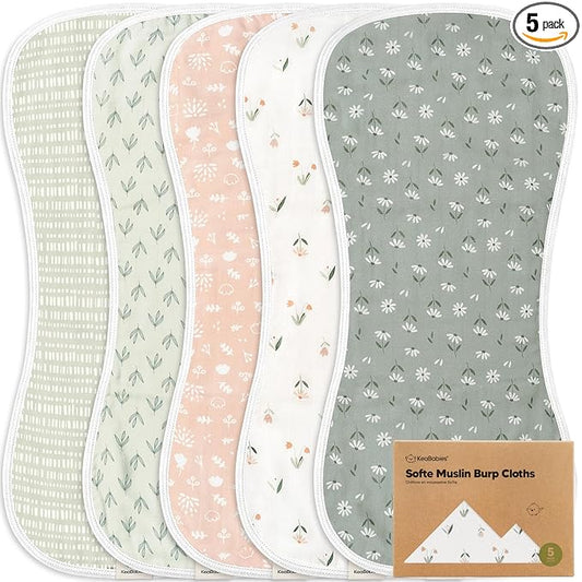 5-Pack Muslin Burp Cloths Baby Boy, Girl - Very Absorbent Baby Burp Cloth Rags, 8-Layers Viscose Derived from Bamboo Cotton Muslin Towel, Super Soft Spit Up Rags, No Shrink Washcloths (Fleur)