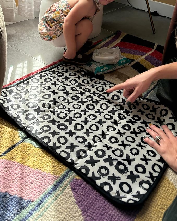 Sarah Wells Portable Diaper Changing Pad – Extra Large, Machine-Washable, Waterproof Changing Mat with Modern Print – Neoprene, Foldable for Travel or Diaper Bags (Black-XOXO)