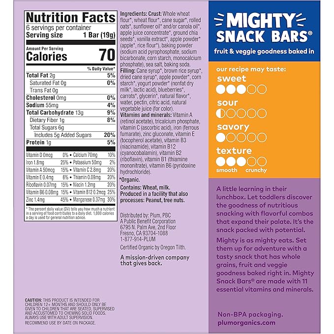 Plum Organics Mighty Snack Bars - Blueberry - 0.67 oz Bars (Pack of 48) - Organic Fruit and Vegetable Toddler Food Snack Bars