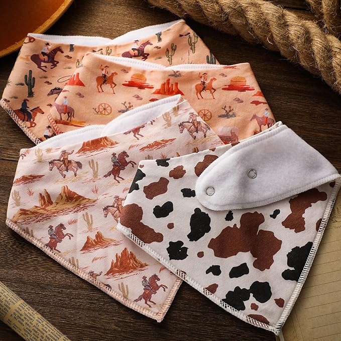 VitalCozy 4 Pcs Western Cowboy Baby Bandana Bib Cotton Newborn Infant Feeding Drool Bib for Drooling and Teething Girl Boy