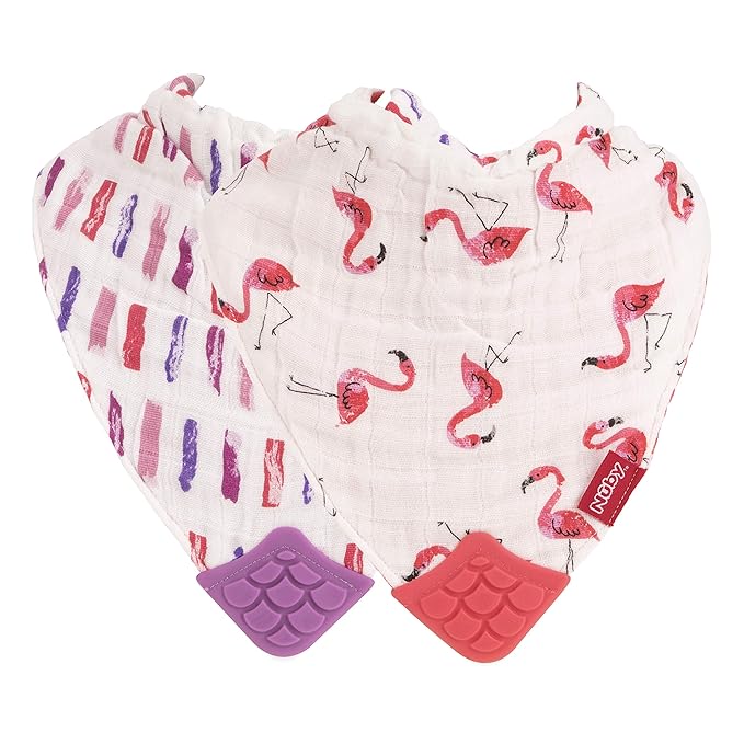 Nuby 2Piece Muslin Bandana Bib with Teether, Colors May Vary, 2 Count (Pack of 1)