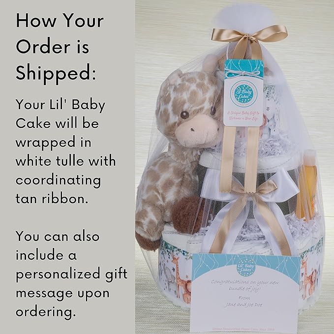 Lil' Baby Cakes Safari Diaper Cake - Beautiful Safari-Themed Baby Gift Using Size 1 Swaddler Diapers - Perfect for Baby Showers with Safari Animal Decorations, Giraffe Diaper Cake - 10 in x 12 in