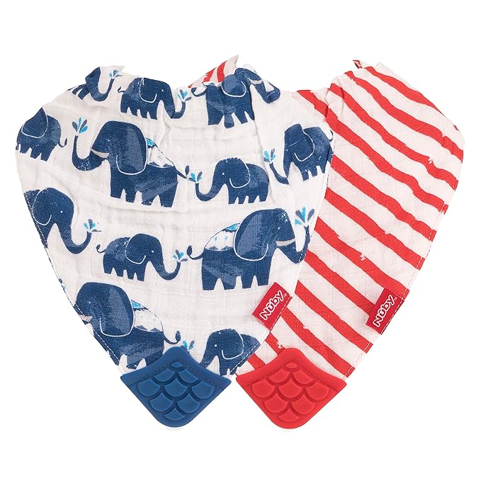 Nuby 2Piece Muslin Bandana Bib with Teether, Colors May Vary, 2 Count (Pack of 1)