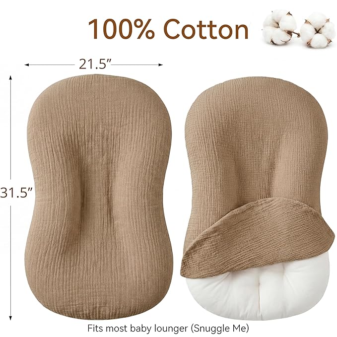 Muslin Baby Lounger Cover 1 Pack, Cotton Soft Breathable Infant Nest Slipcover, Envelope Closure, Compatible with Snuggle Me Loungers, Machine Washable, Cover Only, for Boys Girls(Brown)