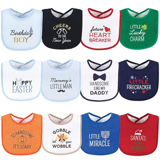 Hudson Baby Unisex Baby Cotton Terry Drooler Bibs with Fiber Filling, Cute Boy Holiday Sayings, One Size