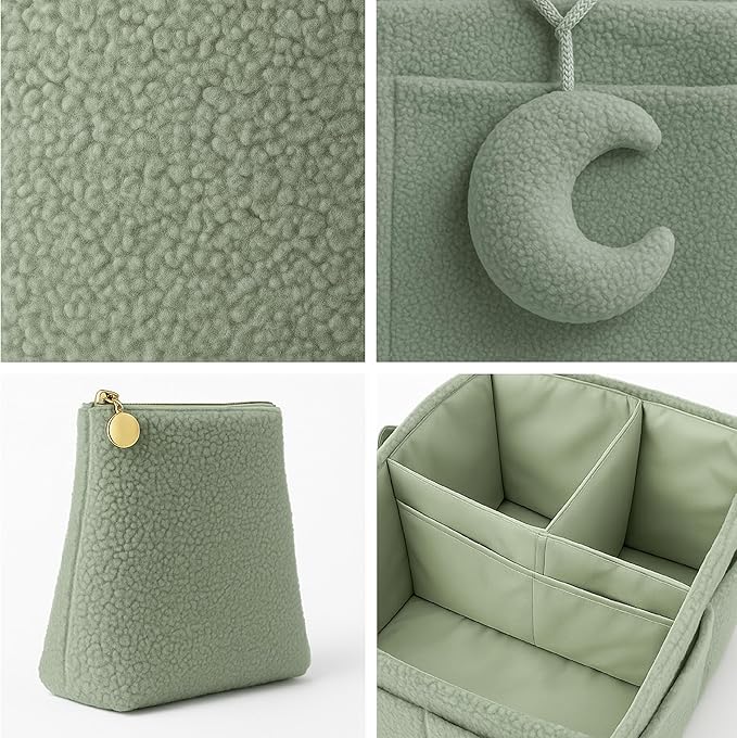 Orelle Bouclé Diaper Caddy Organizer with Matching Pouch & Moon Pendant | Teddy Portable Changing Table Organizer | Sage Green Diaper Caddy | Must-Have Baby Shower Gifts | Sage Green