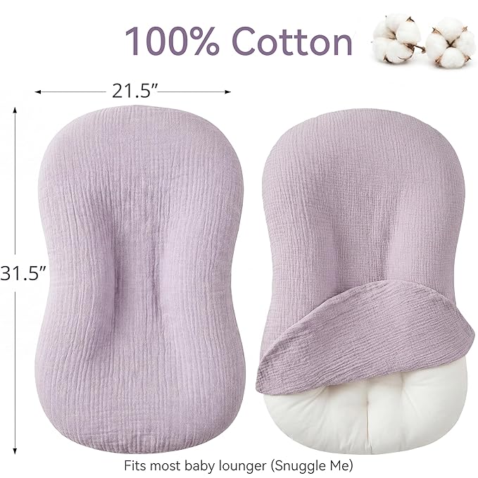 Muslin Baby Lounger Cover 1 Pack, Cotton Soft Breathable Infant Nest Slipcover, Envelope Closure, Compatible with Snuggle Me Loungers, Machine Washable, Cover Only, for Girls Boys (Purple)
