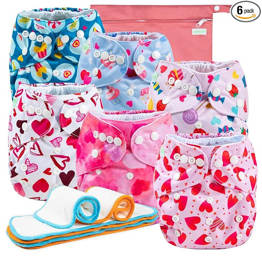 Wegreeco Cloth Diapers 6 Pack with Inserts & Wet Bag, Washable Reusable Diapers for Babies, One Size Adjustable (Colorful Summer)