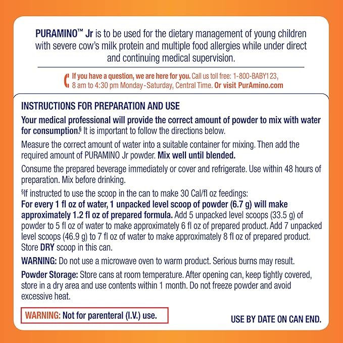 PurAmino Junior, Hypoallergenic Amino Acid based Powder for Severe Food Allergies and GI conditions, Nutritionally Complete for Ages 1 and older, 14.1oz can
