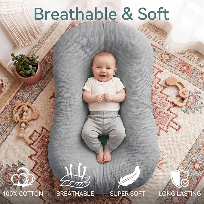 Muslin Baby Lounger Cover 1 Pack, Cotton Soft Breathable Infant Nest Slipcover, Envelope Closure, Compatible with Snuggle Me Loungers, Machine Washable, Cover Only, for Boys Girls(Gray)