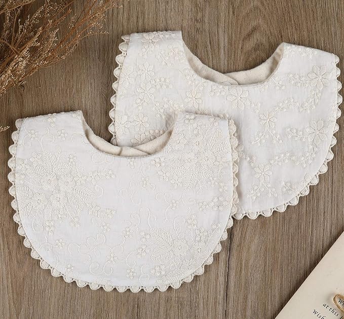 Baby Bib For Girls,Reversible Waterproof Handmade Natural Cotton Baby Drool Bib 0-12 months 2 Pack (off-white color, 0-12 months)