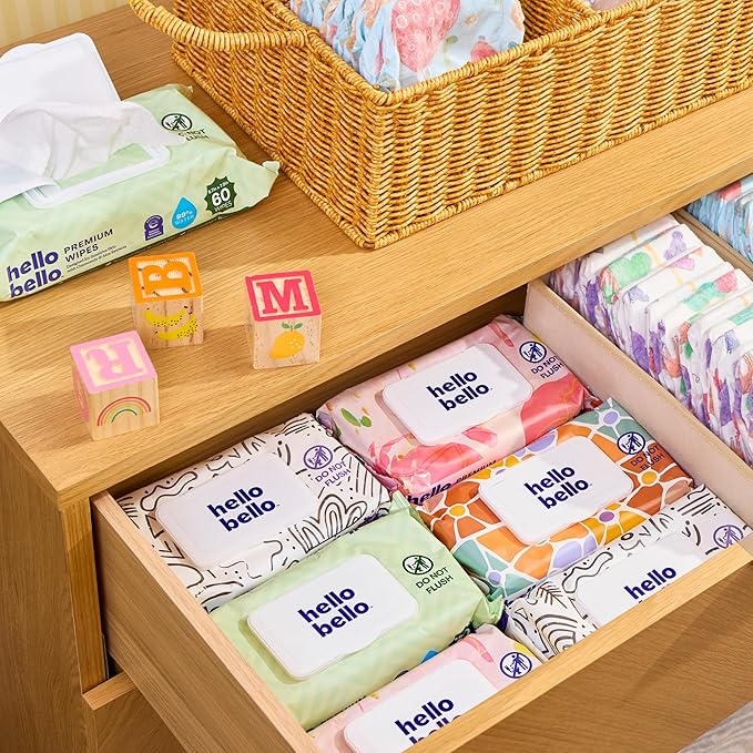 Hello Bello Premium Wipes, Designed for Sensitive Skin with Chamomile & Aloe Extracts, Rosy Posy (18 Resealable Packets = 1080 Total Wipes)