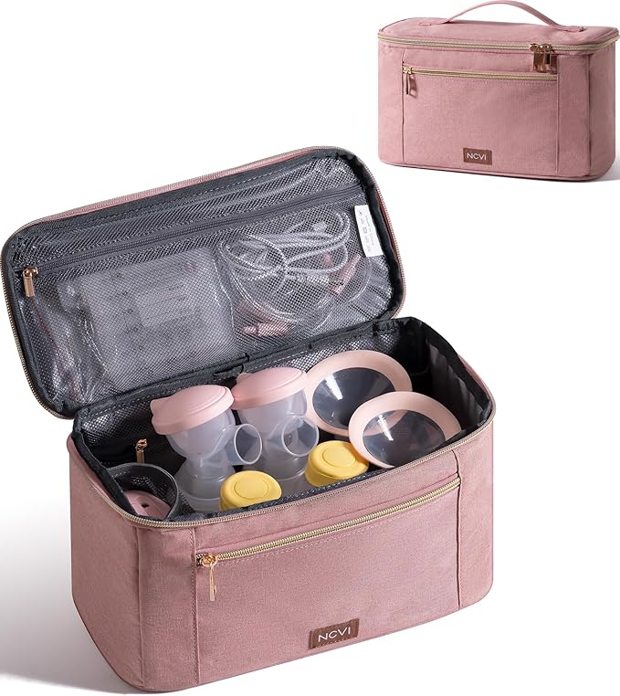 NCVI Breast Pump Storage Bag for Pumps and Extra Parts, Large Capacity Portable Pump Carrying Case with Handle, Waterproof Lining and Multiple Compartments, Perfect for Working & Nursing Moms, Pink
