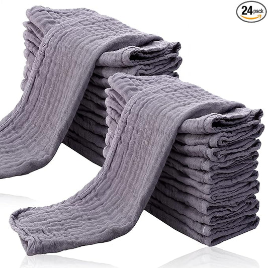 Cute Castle 24 Pack Muslin Burp Cloths for Baby - Ultra-Soft 100% Cotton Baby Washcloths - Large 20'' by 10'' Super Absorbent Milk Spit Up Rags - Burpy Cloths for Unisex, Boy, Girl - Grey