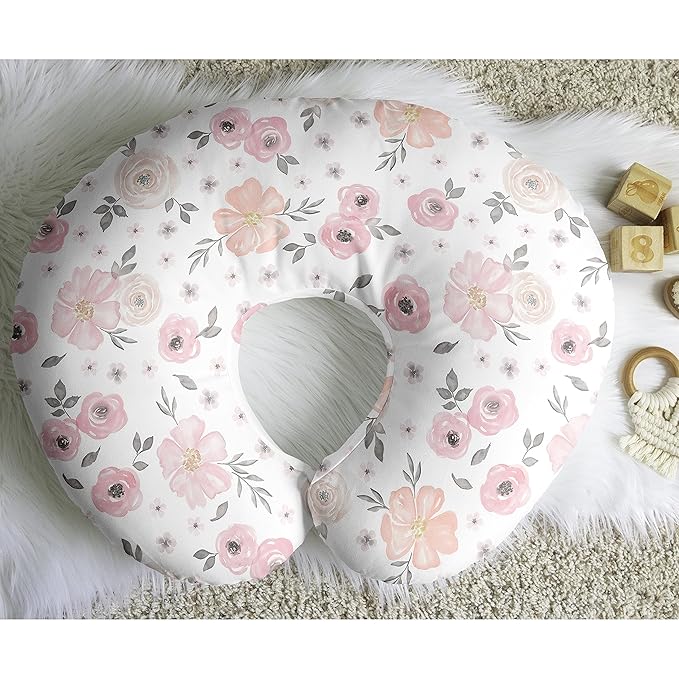 Sweet Jojo Designs Baby Nursing Pillow Cover (Pink/Grey Boho Floral) for Girls, Infant/Newborn Nursery, Bottle Breastfeeding Slipcover, Breast Feeding Pillowcase - Pillow NOT Included (Watercolor)