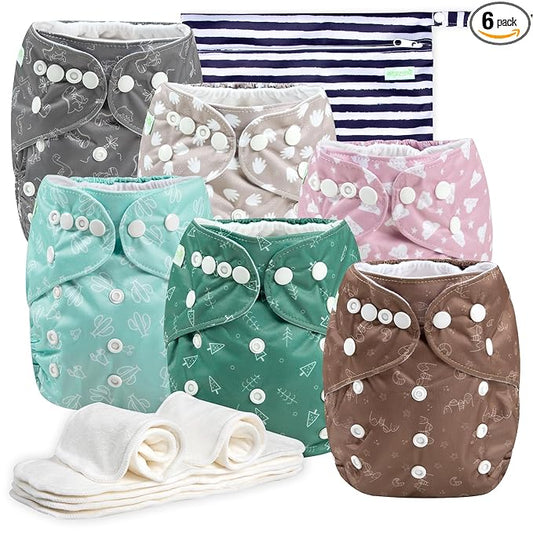 Wegreeco Cloth Diapers 6 Pack with Inserts & Wet Bag, Washable Reusable Diapers for Babies, One Size Adjustable (Palm)