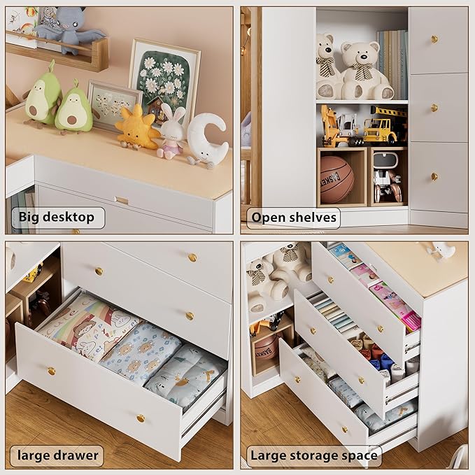 Modern Nursery Changing Table Dresser,Corner Baby Dressing Table with 5 Drawers,2 Open Storage Racks,Multi Functional Diaper Changing Station for Children's Rooms,for The Nursery, White