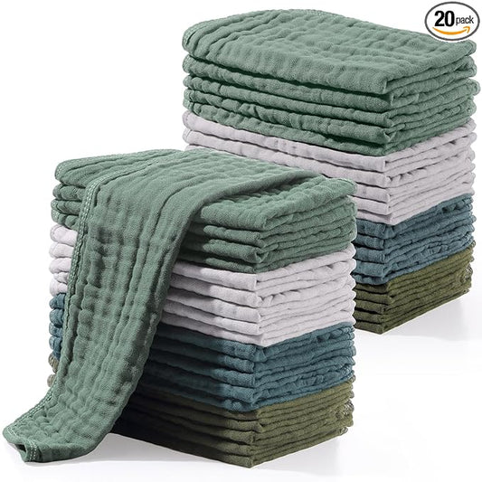 Buryeah Muslin 20 Pcs Burp Cloths Large 20" x 10" 100% Cotton 6 Layers Ultra Absorbent and Soft Hand Washcloths for Baby Drool and Messes Gentle Burp Cloth for Boys & Girls(Dark Colors)