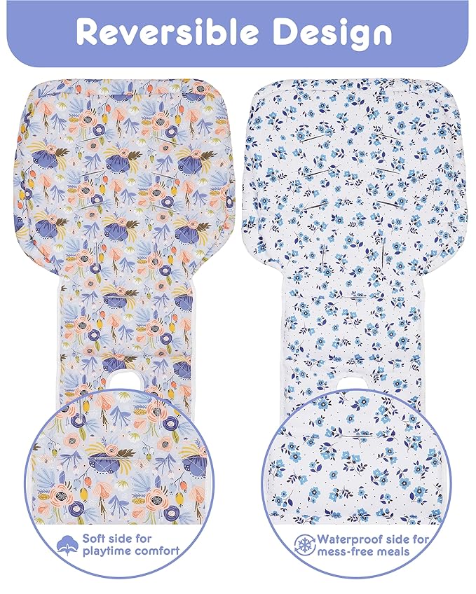 Baby High Chair Cover Replacement, Reversible & Waterproof High Chair Cushion Pad Home & Restaurant use, Includes 5-Point Harness Strap, Chair Not Included - Blue