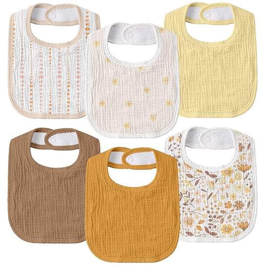 GLLQUEN BABY Muslin Drool Bibs for Boys Girls 6 Pack, Adjustable Baby Bibs for Drooling and Teething, Soft Cotton Baby Bandana Bib for Newborn Feeding Essentials (Sunny Bloom Garden)