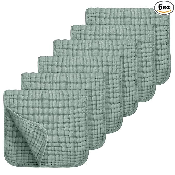 Looxii Muslin Burp Cloths 6 Pack - 20" x 10" - Ultra Soft & Absorbent, 6-Layer 100% Cotton for Spit Up & Drool- Gentle Baby Burping Cloth, Newborn Boys Girls Essentials, Dark Green