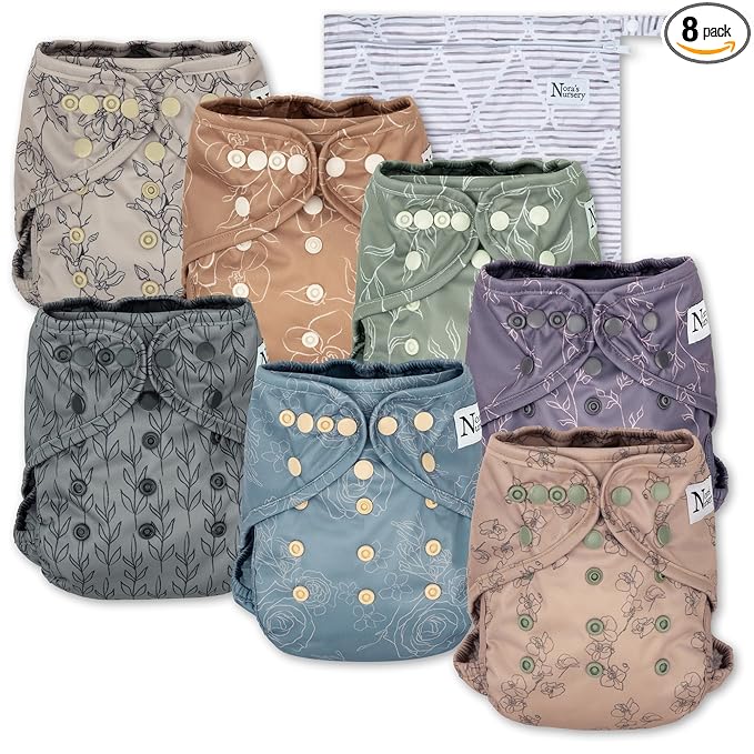 Nora's Nursery Cloth Diaper Cover, Reusable Cover with Snap Closure for Flat or Fitted Inserts - 7-Pack with Wet Bag - Modern Bloom