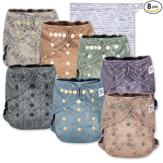 Nora's Nursery Cloth Diaper Cover, Reusable Cover with Snap Closure for Flat or Fitted Inserts - 7-Pack with Wet Bag - Modern Bloom