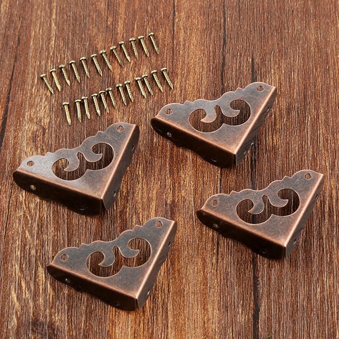 4Pcs Iron Red Copper Vintage Decorative Corner Protector Guards Edge Cover for Chest Case Box-1.22" x 1.22" x 0.43"