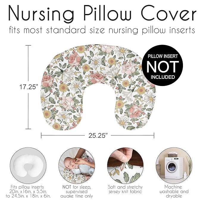 Sweet Jojo Designs Vintage Floral Boho Nursing Pillow Cover Breastfeeding Pillowcase for Newborn Infant Bottle Breast Feeding Pillow NOT Included Blush Pink Yellow Green Bohemian Shabby Chic Farmhouse