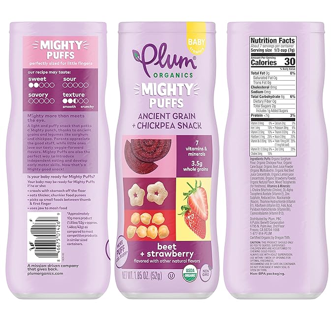 Plum Organics Mighty Puffs Organic Baby Food - Beet and Strawberry - 1.85 oz Canister - Ancient Grains and Chickpea Snacks