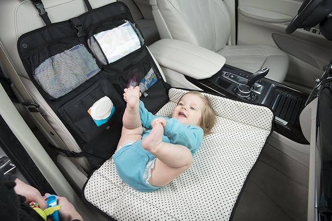 Baby Portable Diaper Changing Station for Your Car | Waterproof, Detachable, Toy Loops, 4 Pockets, Wet Wipes Holder, Tummy Time Mat, Kick Mat, Tablet Holder | LUMI - Black with Ministars