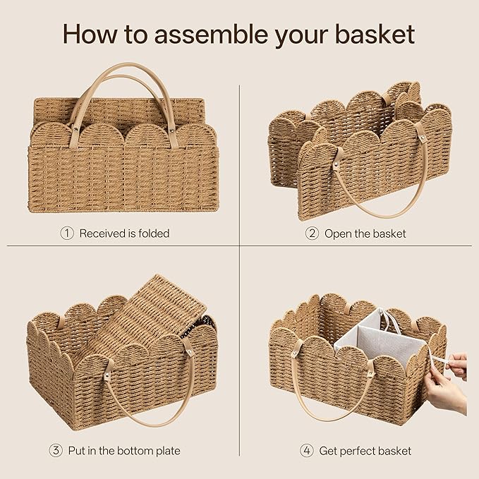Angelhood Scalloped Paper Rope Diaper Caddy, Woven Floral Baby Diaper Organizer with Dividers for Changing Table, Nursery & Car Portable Baby Gift Basket