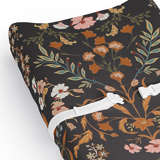 Sweet Jojo Designs Boho Wildflower Vintage Floral Girl Baby Changing Pad Cover Sheet Newborn Diaper Table Change Mat Cover Black Orange Teal Bohemian Farmhouse Botanical Cottagecore Leaf Indie Rustic