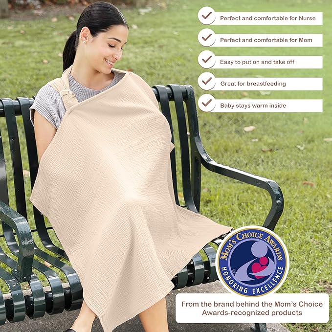 100% Organic Cotton Nursing Cover & Shawl - 43 x 28 Inch Breathable Muslin Breastfeeding Nursing Apron Cover with Arch Neckline for Mothers, Multi-use Carseat Canopy (Ivory)
