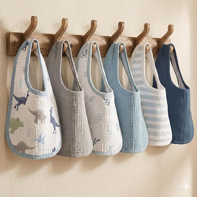 GLLQUEN BABY Muslin Drool Bibs for Boys Girls 6 Pack, Adjustable Baby Bibs for Drooling and Teething, Soft Cotton Baby Bandana Bib for Newborn Feeding Essentials (My Dino Pals)