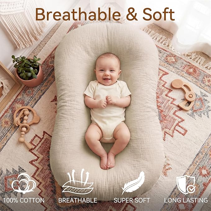 Muslin Baby Lounger Cover 1 Pack, Cotton Soft Breathable Infant Nest Slipcover, Envelope Closure, Compatible with Snuggle Me Loungers, Machine Washable, Cover Only, for Boys Girls(Beige)