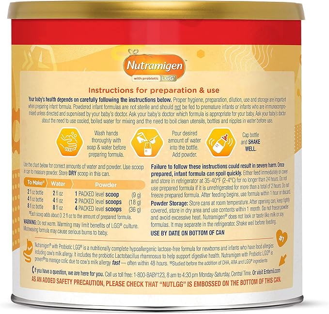Enfamil Nutramigen Hypoallergenic Baby Formula with Iron, Lactose Free, Colic Relief from Cow's Milk Allergy Starts in 24 Hours, Brain Building DHA, Probiotic LGG for Immune Support, 19.8 Oz Can