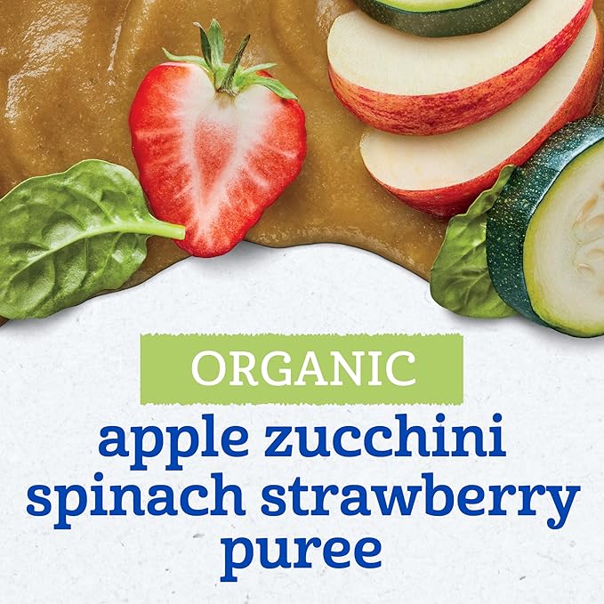 Gerber Stage 2 Baby Food, Organic Apple Zucchini Spinach Strawberry Puree Pouch, 2 Servings of Fruit & Veggie, No Added Sweetener, No Artificial Colors or Flavors, 12-Pack