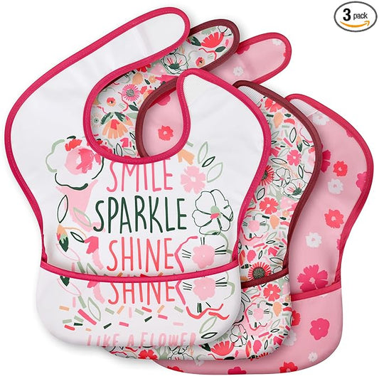 3-Pack Waterproof Baby Bibs for Eating - Mess Proof Lightweight Toddler Feeding Bibs with Large Food Catcher, Food-Grade Baby Eating Essentials, Easy to Put On & Clean(Pink Floral)
