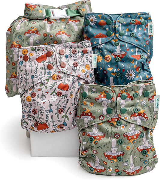 Kinder Cloth Diapers Reusable Baby Diapers Pocket Style Athletic Wicking Jersey, Wet Bag, Newborn to Potty Training 7-60lbs, One Size, Inserts NOT Included (Boho Mushrooms, 3 Pack, Without Inserts)