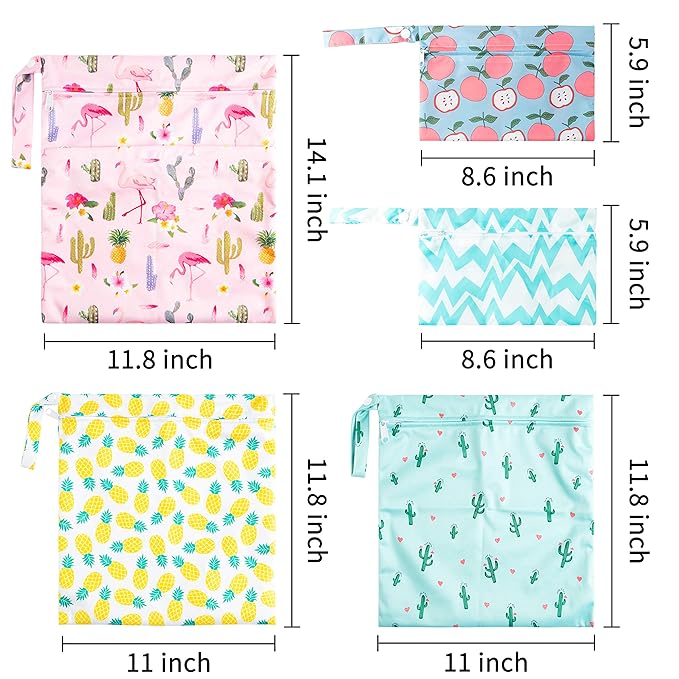 R HORSE 5Pcs Waterproof Reusable Diaper Baby Cloth Wet Dry Bags with 2 Zippered Pockets Summer Travel Beach Pool Bag with Pineapple Flamingo Cactus Pattern(3 Sizes)