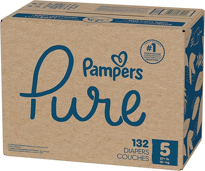 Pampers Pure Baby Diapers, Size 5 (27+ lbs), 132, Up to 100% Leakproof, Premium Hypoallergenic Soft Diapers