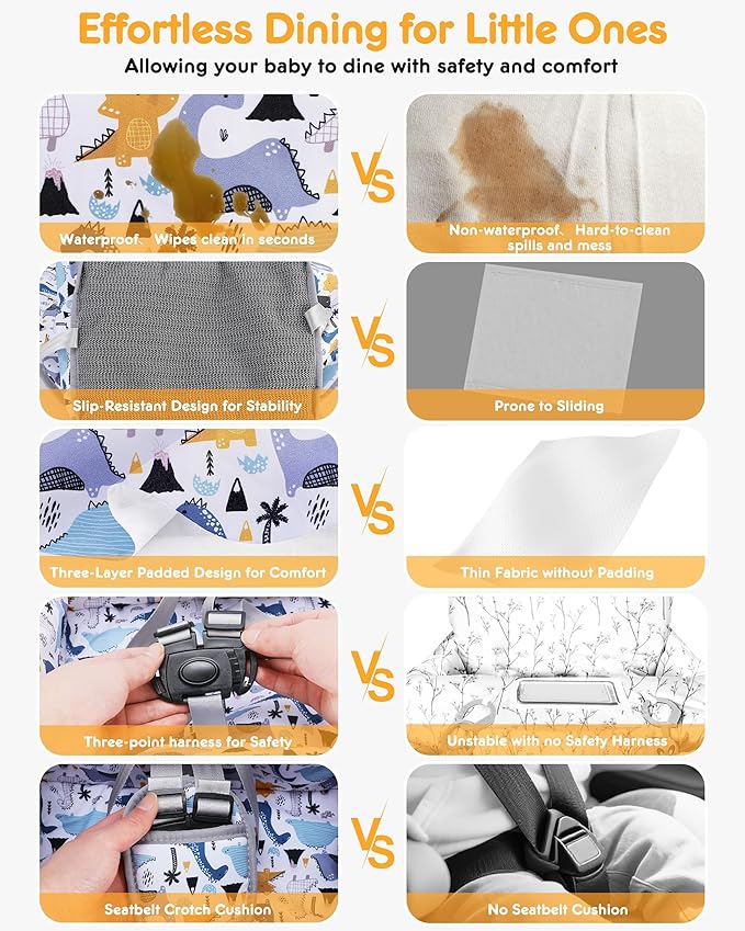 High Chair Cover Portable with 3-Point Harness, Waterproof Baby Seat Cover for Restaurant Travel Home Use, Machine Washable, Fits Wooden Chairs (Colorful Dinosaurs)