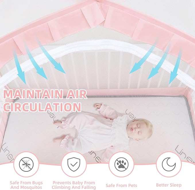 Lazyzzzz Crib Tent - Pop Up Crib Canopy with Double Zipper Self-Locked, Mosquito Net Mesh Crib Net to Keep Baby from Climbing Out, Portable Easy Install 55" L x 27" W x 51" H Pink