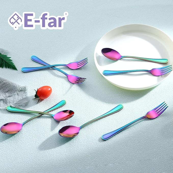 E-far 12-Piece Toddler Silverware, Stainless Steel Kids Utensils Forks and Spoons, Children Safe Mirror Polished Metal Cutlery Set for Self Feeding, 6 Forks & 6 Spoons(Rainbow)