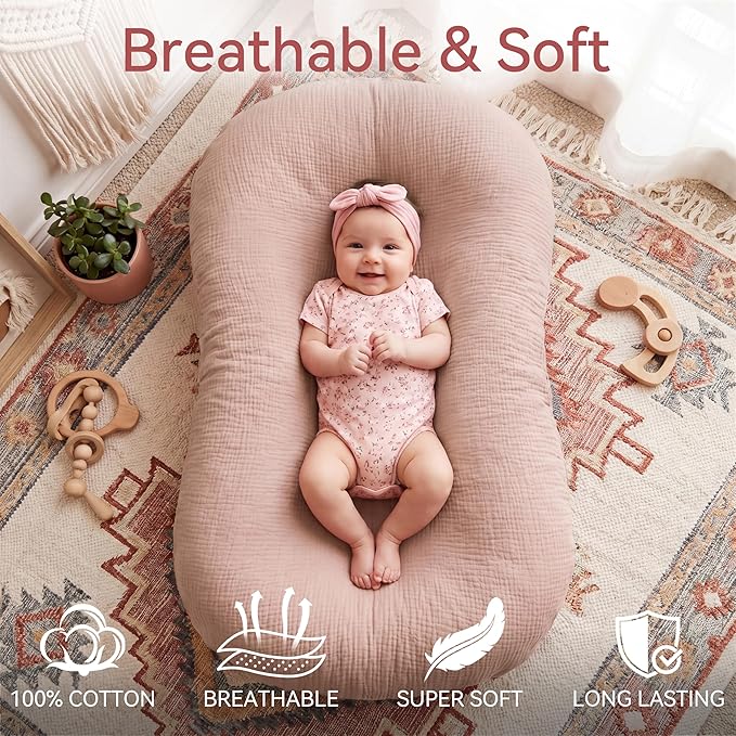 Muslin Baby Lounger Cover 1 Pack, Cotton Soft Breathable Infant Nest Slipcover, Envelope Closure, Compatible with Snuggle Me Loungers, Machine Washable, Cover Only, for Girls Boys(Pink)