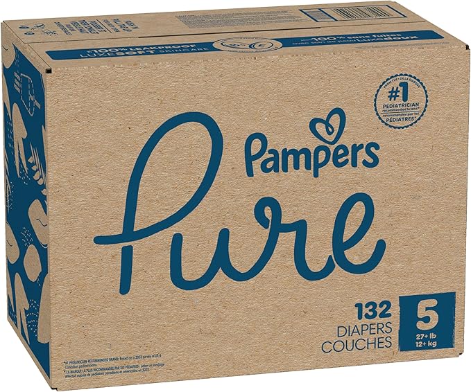 Pampers Pure Baby Diapers, Size 5 (27+ lbs), 132, Up to 100% Leakproof, Premium Hypoallergenic Soft Diapers