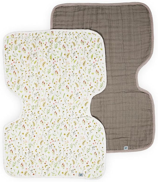 Little Unicorn 100% Natural Organic Cotton Burp Cloth 2 Pack | Ultra-Absorbent & Soft Muslin Fabric | Larger Size & Ergonomic Design (Floral Field + Driftwood)