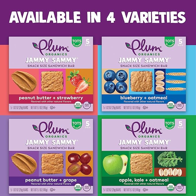 Plum Organics Jammy Sammy Snack Bars - Blueberry and Oatmeal - 1.02 oz Bars (Pack of 5) - Organic Toddler Food Snack Bars