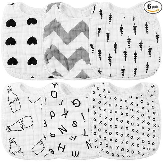 Zainpe 6Pcs Snap Muslin Cotton Bibs for Baby Love Heart Milk Letter Pattern Bib with 6 Absorbent Soft Layers, Machine Washable Burp Cloths for Infants Newborns Toddlers Drooling Feeding and Teething